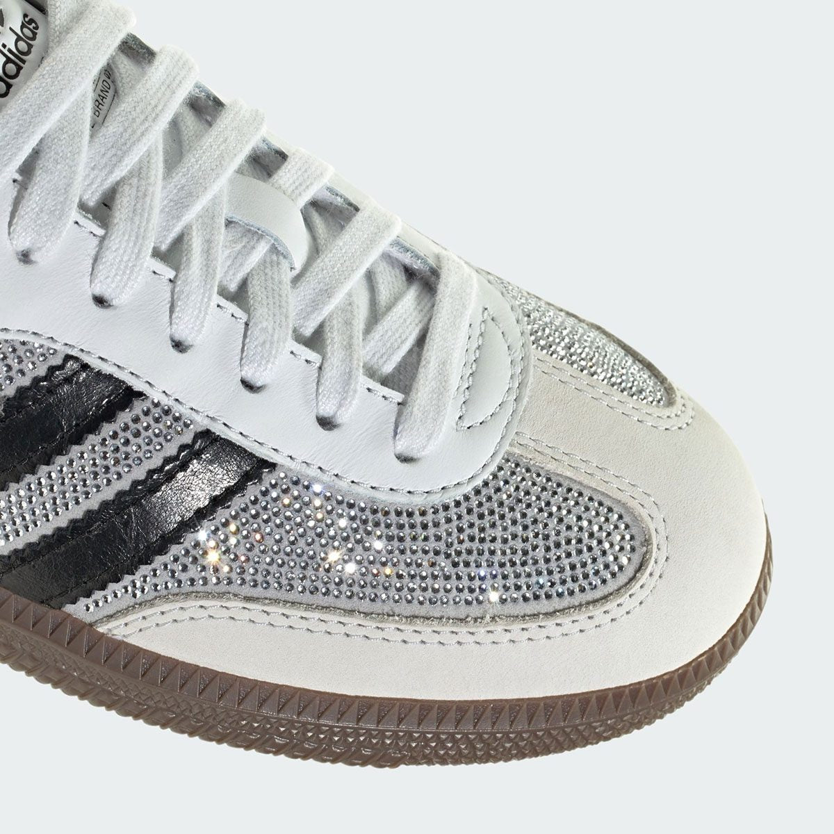 These are the Adidas Samba OG Rhinestone Shoes in Crystal White, featuring a sparkling rhinestone-covered upper