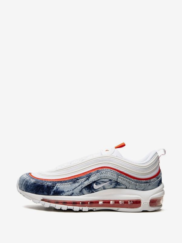 Nike Air Max 97 "Washed Denim Pack" sneakers, recognizable by their unique blue denim texture paired with bright red accents and a white sole.