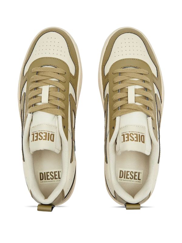 Diesel S-Ukiyo V2 low-top sneakers in a white and olive colorway.