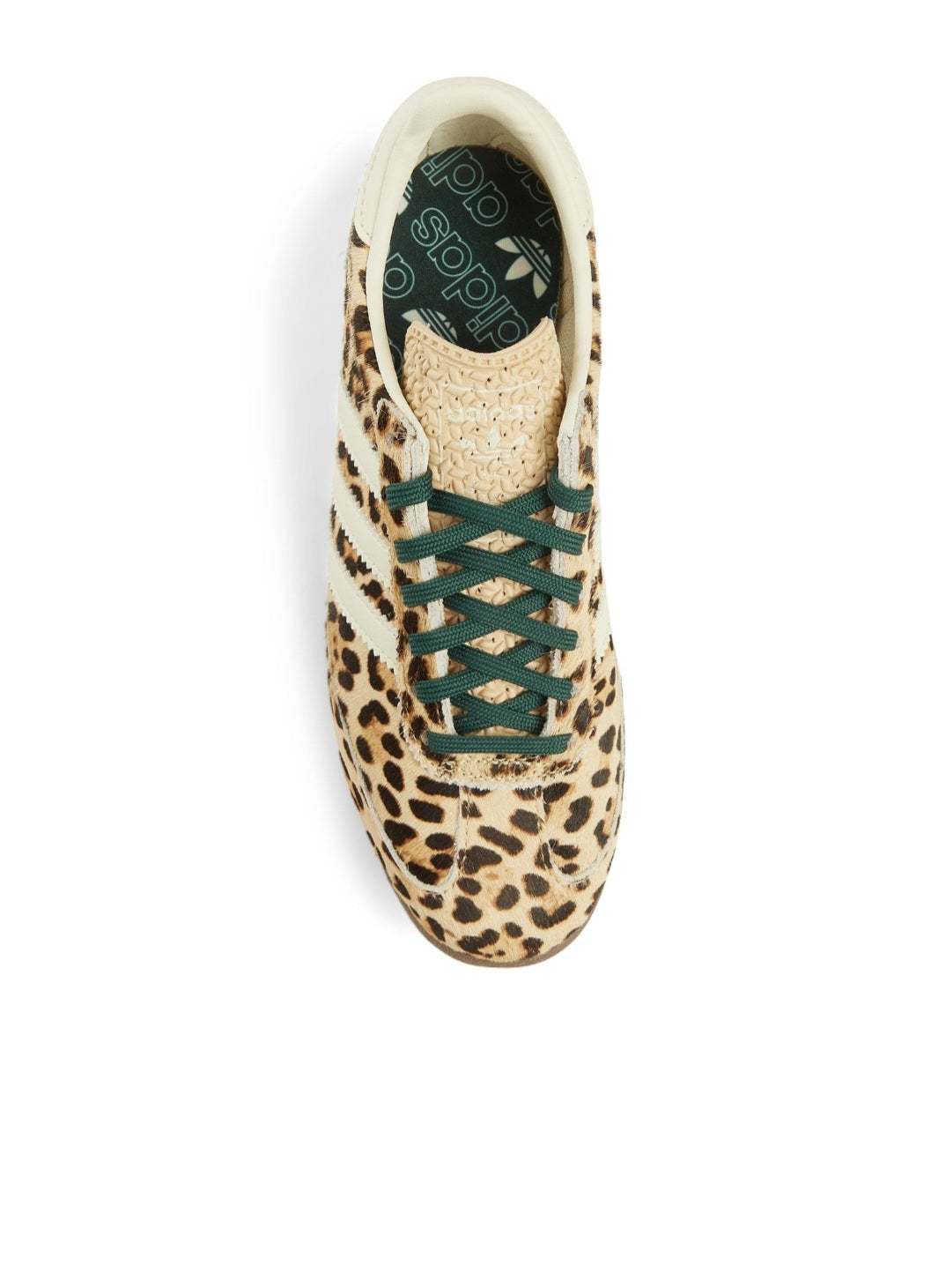 Adidas Originals SL 72 OG 'Leopard' sneakers feature a bold pony-hair leopard print upper complemented by ivory white stripes and dark green laces.