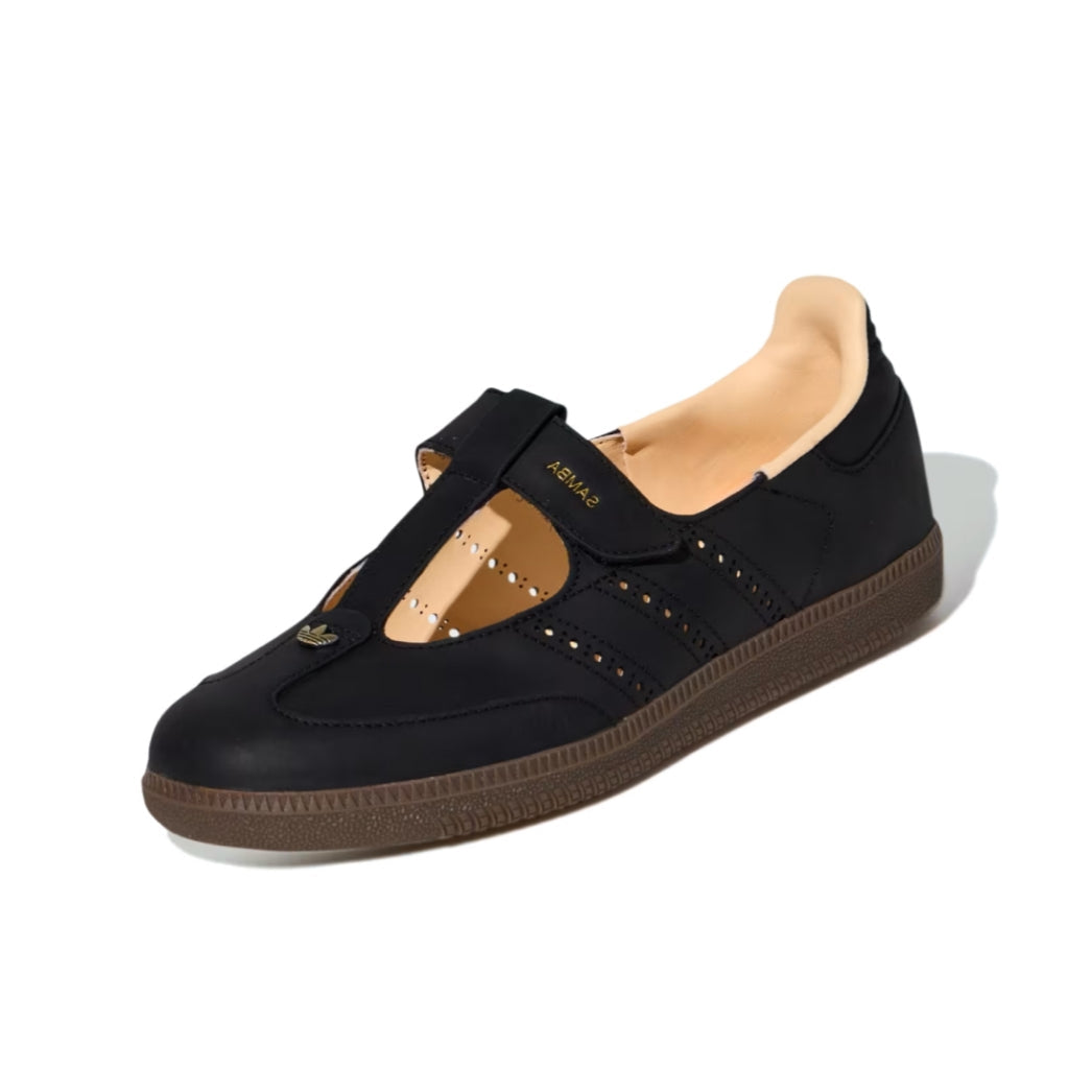 Adidas Samba Jane sneakers in Core Black, featuring a distinctive slip-on Mary Jane strap design.