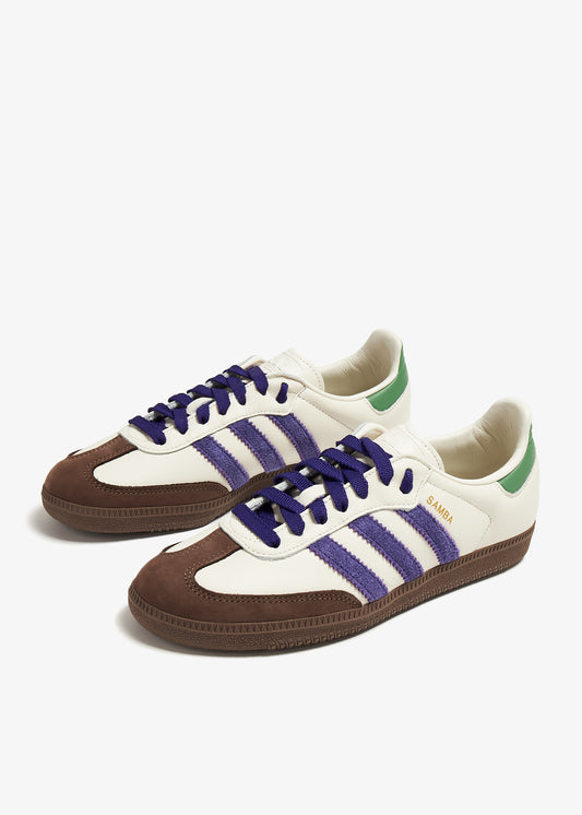 Adidas Samba OG sneakers in a distinct "Off White," "Core Purple," and "