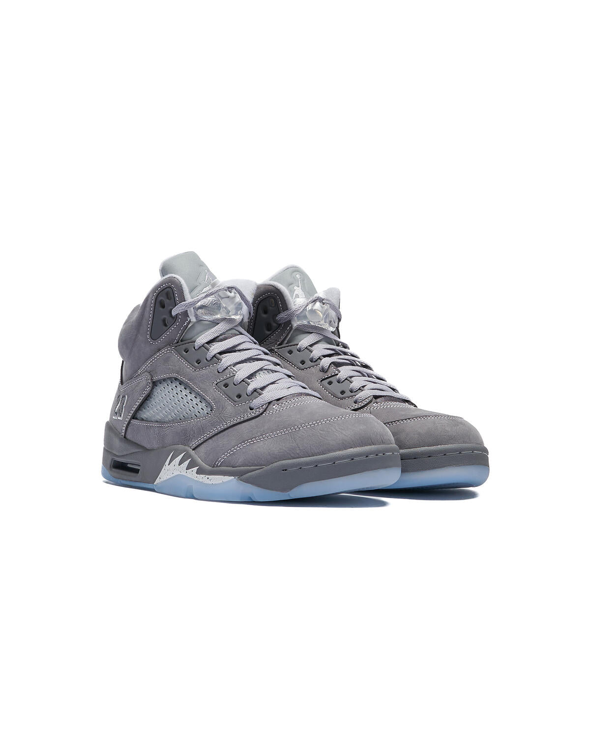 Nike Air Jordan 5 "Wolf Grey" sneakers, recognizable by their light graphite suede upper and translucent icy outsole.