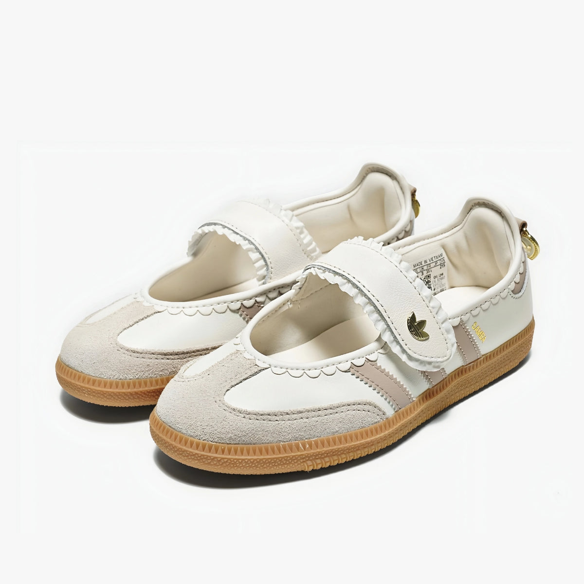 Adidas Women's Mary Jane Samba 'Pink Ruffle Edition' featuring a gold trefoil logo on the hook-and-loop strap.