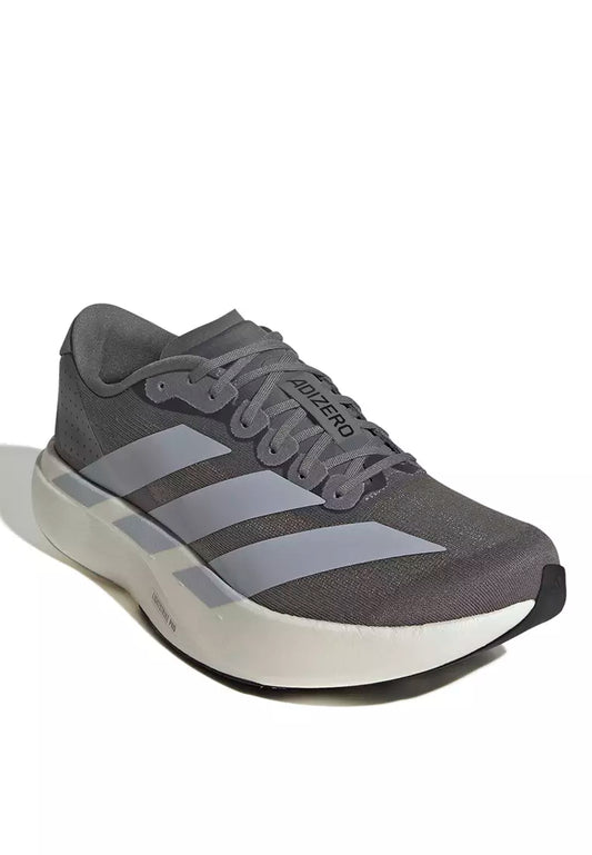 Adidas Adizero EVO SL running shoes in a grey colorway featuring a responsive Lightstrike Pro midsole.