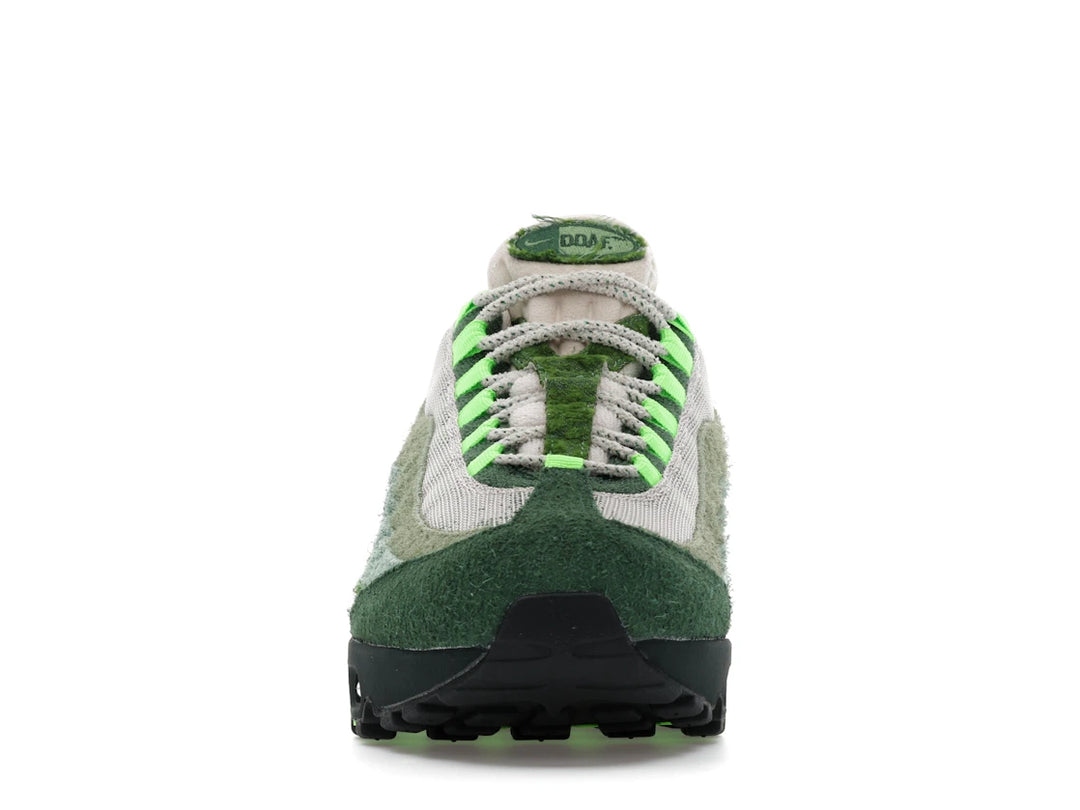 Nike Air Max 95 "Ducks of a Feather" sneakers in "The Woods" colorway, featuring shaggy green suede and moss-like overlays.
