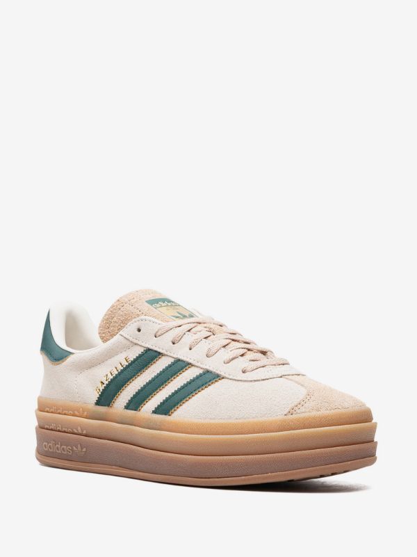 Adidas Originals Gazelle Bold shoes in the "Cream White / Collegiate Green / Magic Beige" colorway, featuring a stacked three-layer gum platform sole.