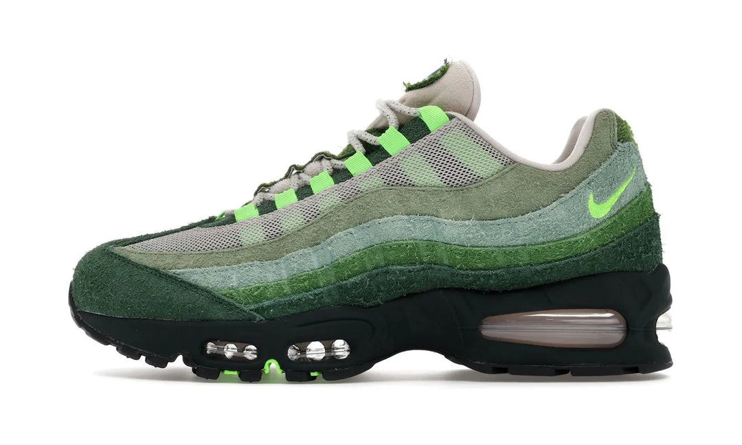 Nike Air Max 95 "Ducks of a Feather" sneakers in "The Woods" colorway, featuring shaggy green suede and moss-like overlays.