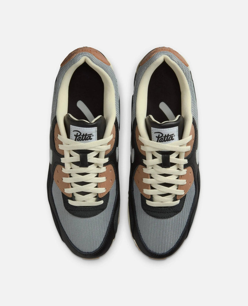Patta x Nike Air Max 90 SP in the "Black Particle Grey" colorway, featuring a gum rubber outsole.
