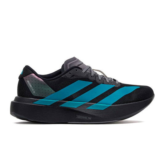 adidas Men's Adizero EVO SL running shoes, featuring a black mesh upper with contrasting teal three-stripes