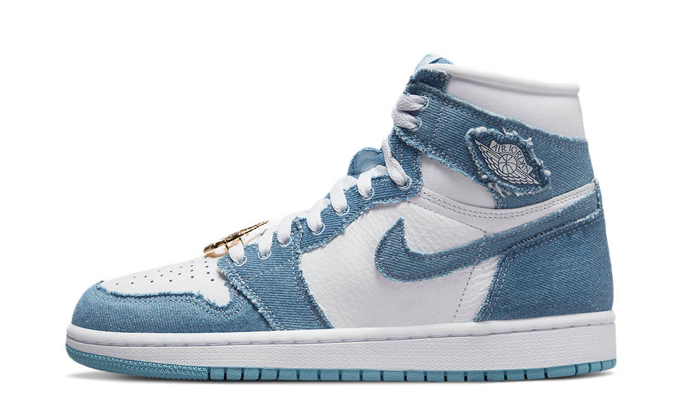 Women's Air Jordan 1 Retro High OG "Denim" sneakers, featuring frayed blue denim overlays on a white leather base and metallic gold lace dubraes.