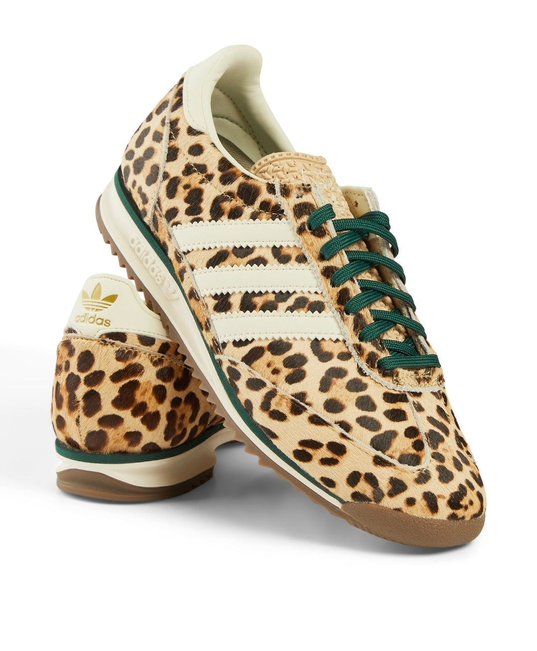 Adidas Originals SL 72 OG 'Leopard' sneakers feature a bold pony-hair leopard print upper complemented by ivory white stripes and dark green laces.