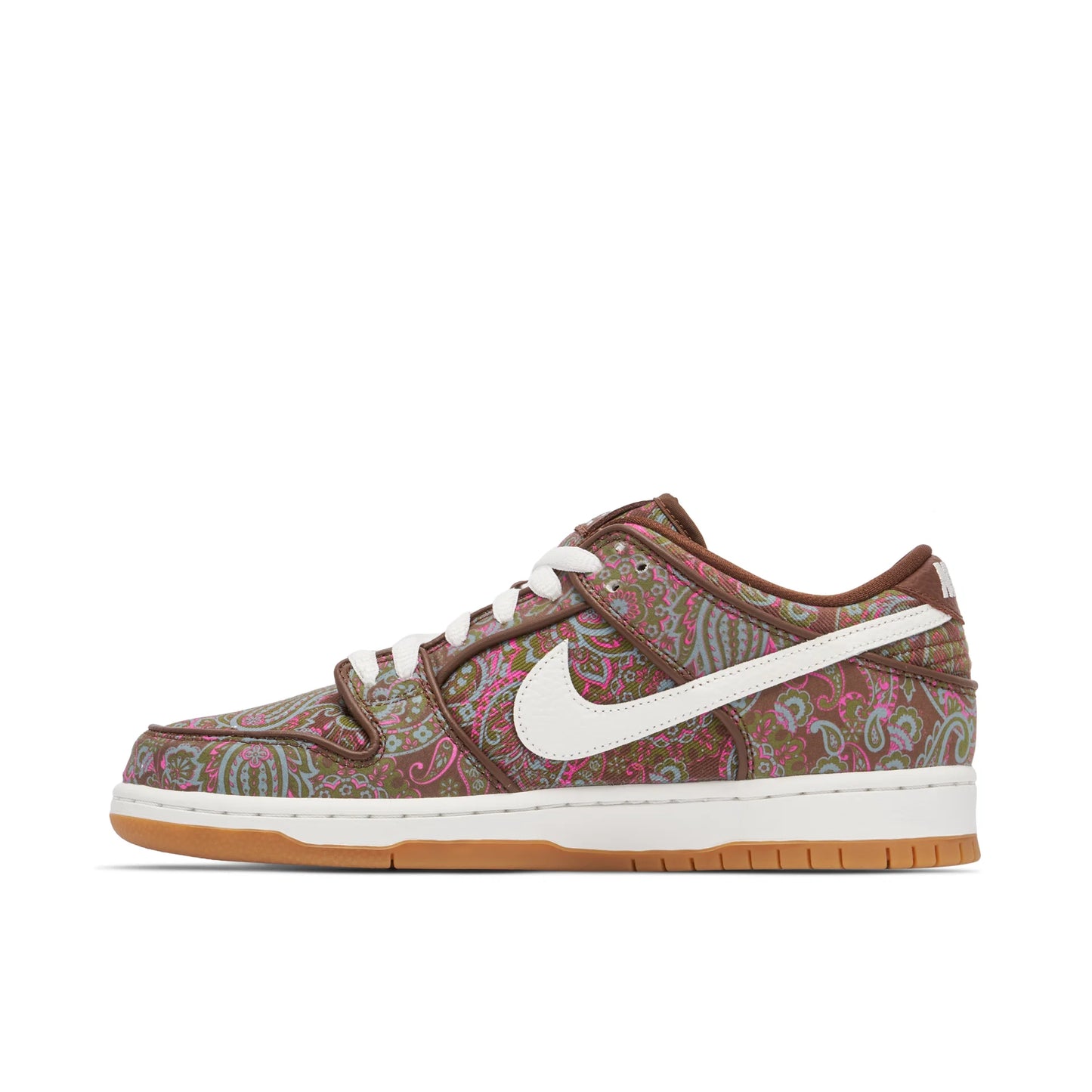 Nike SB Dunk Low "Paisley Brown" sneakers, featuring a unique patterned canvas upper.