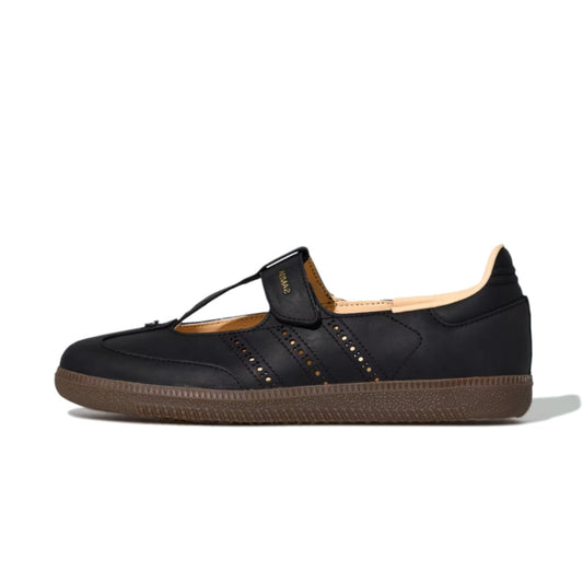 Adidas Samba Jane sneakers in Core Black, featuring a distinctive slip-on Mary Jane strap design.