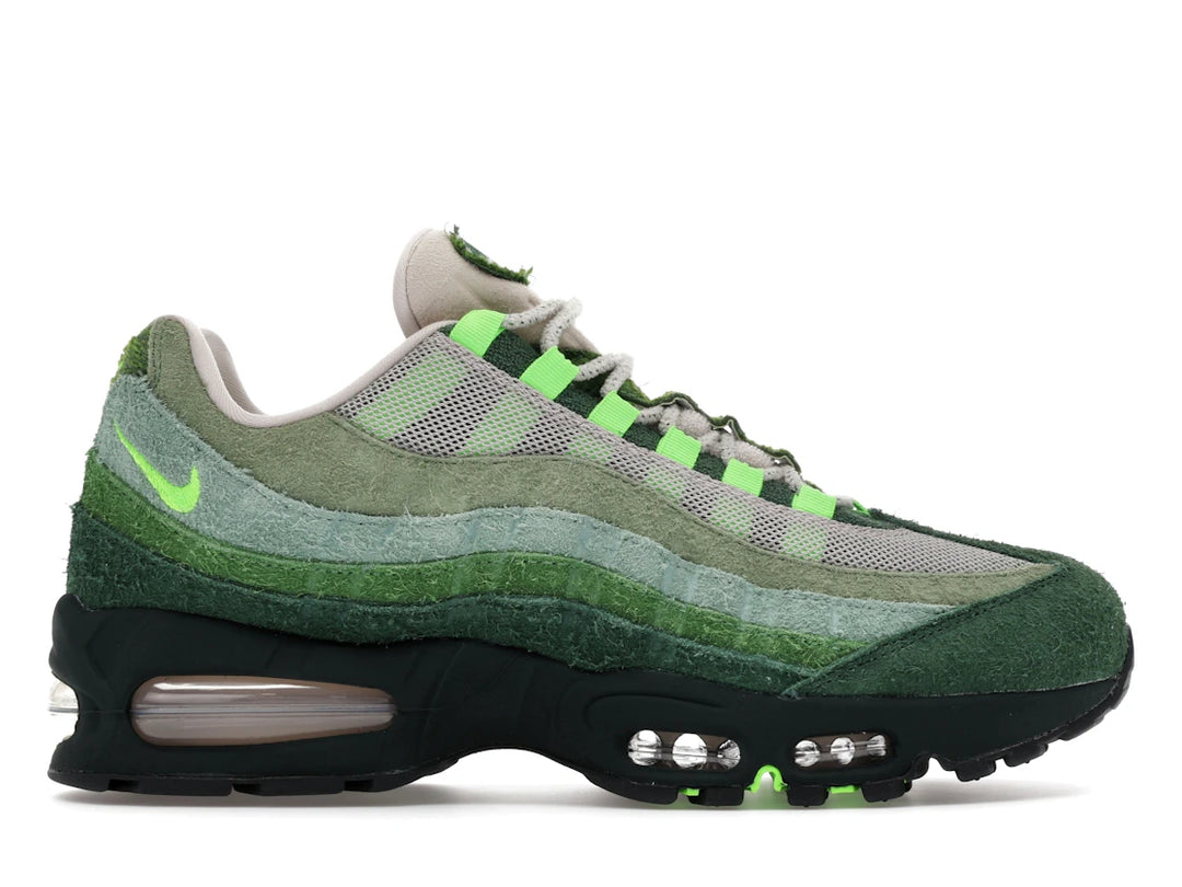 Nike Air Max 95 "Ducks of a Feather" sneakers in "The Woods" colorway, featuring shaggy green suede and moss-like overlays.