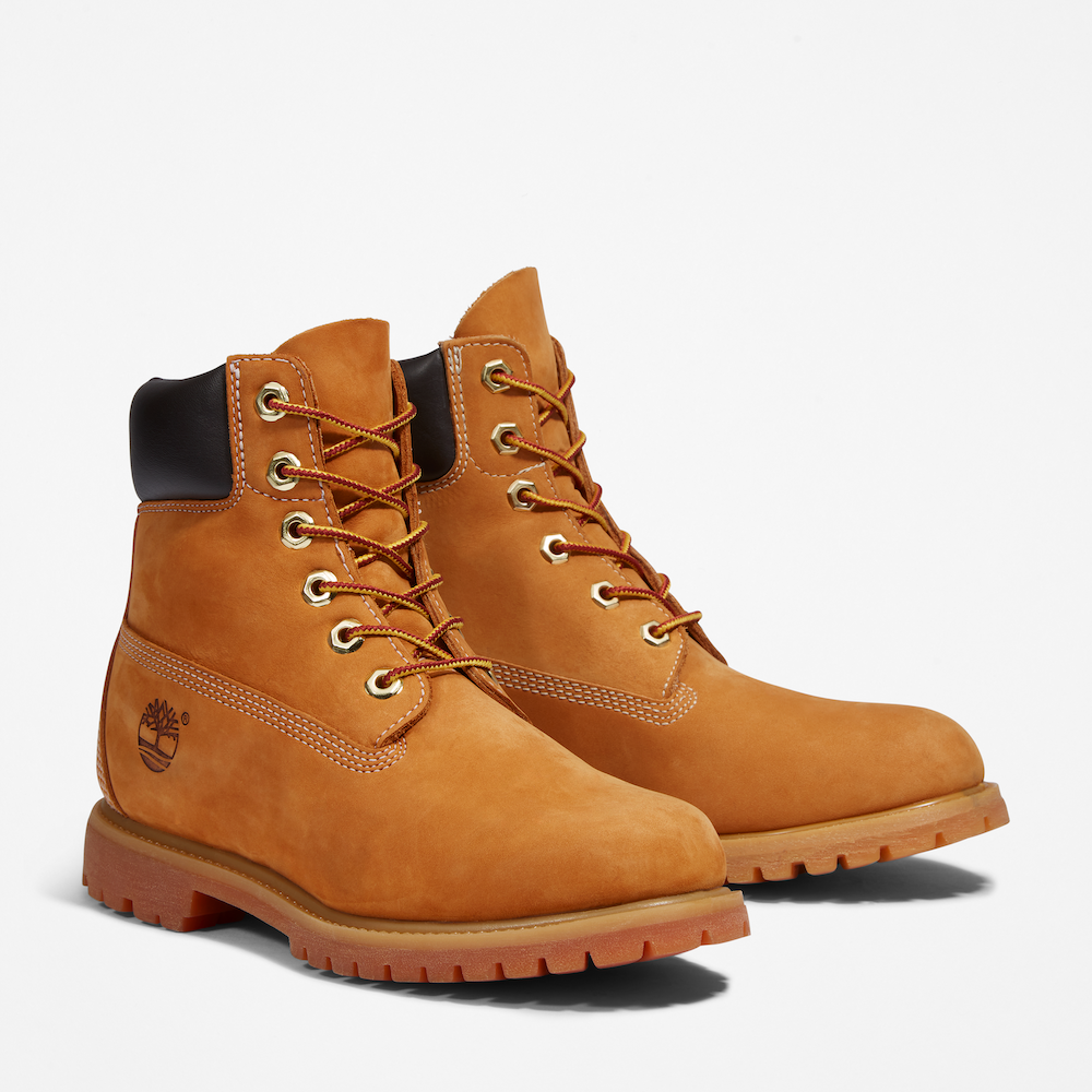 Timberland Premium 6-Inch Waterproof Boots featuring a prominent embossed logo on the side.