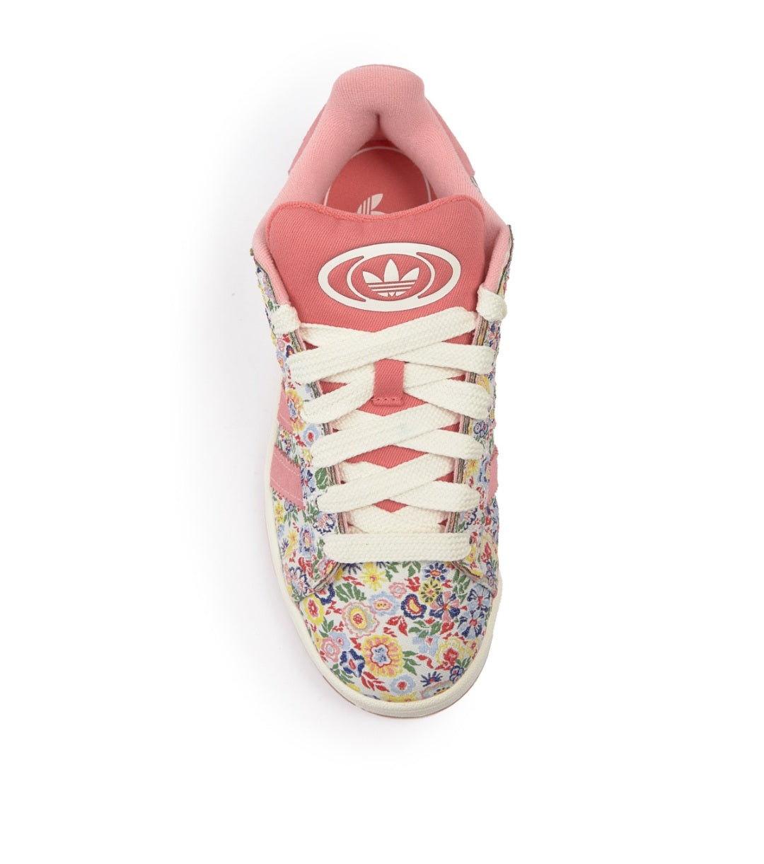 Adidas x Liberty London Campus 00s shoes featuring a vibrant pink floral upper.