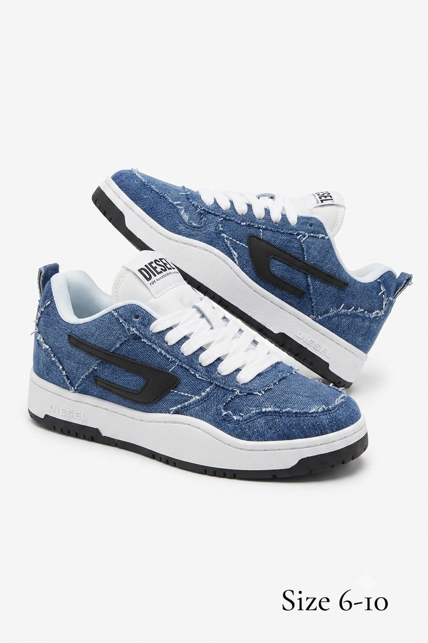 Diesel S-UKIYO V2 low sneakers feature a washed denim upper with frayed edges.