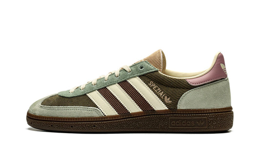 Adidas Handball Spezial sneakers in the "Silver Green/Magic Mauve" colorway, featuring a unique olive corduroy upper.
