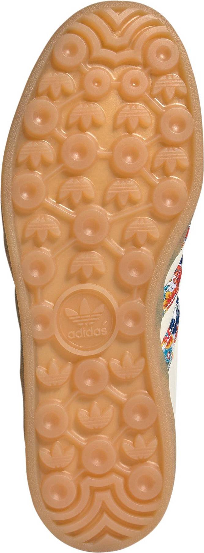 Adidas Women's Gazelle Indoor x Liberty London sneakers, featuring a cream nubuck upper with a vibrant floral embroidery pattern on the three stripes.