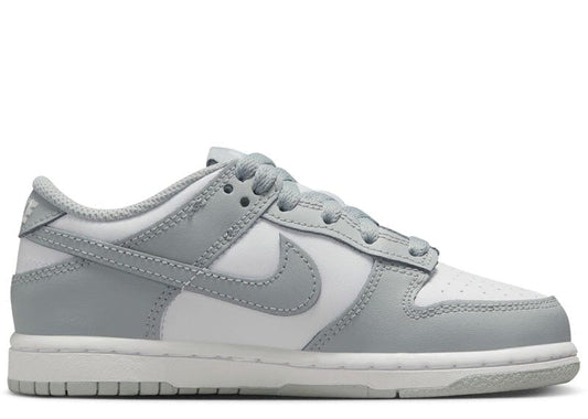 Nike Dunk Low sneakers in a white and light smoke grey colorway.