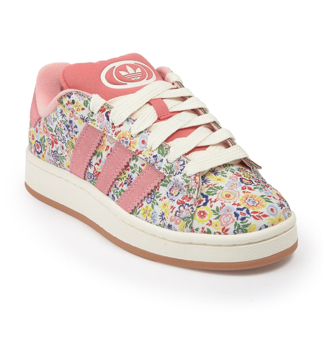 Adidas x Liberty London Campus 00s shoes featuring a vibrant pink floral upper.