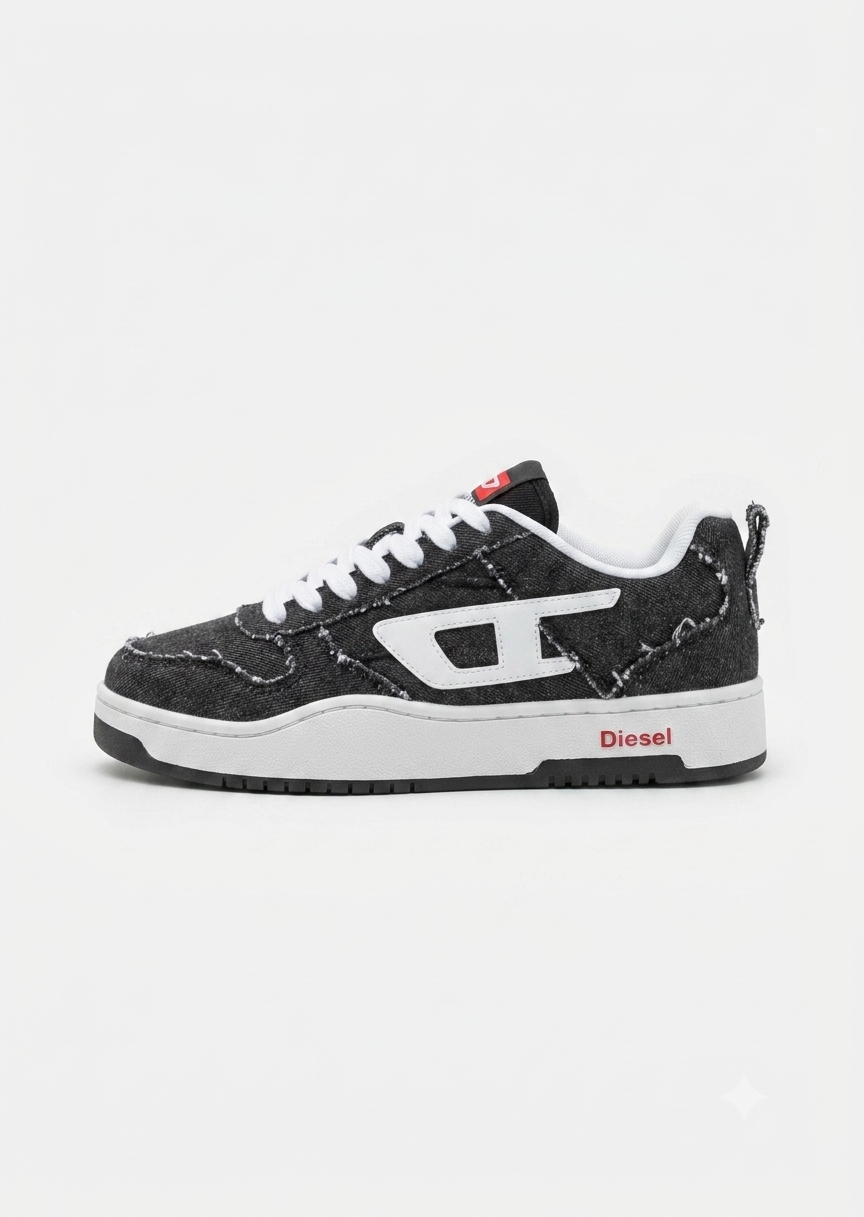 Diesel S-Ukiyo V2 Low sneakers in black denim with a prominent white D logo patch on the side.