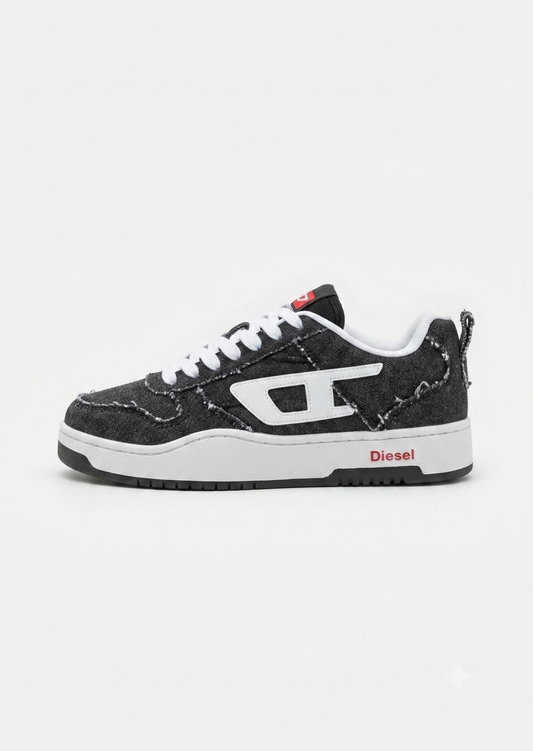 Diesel S-Ukiyo V2 Low sneakers in black denim with a prominent white D logo patch on the side.
