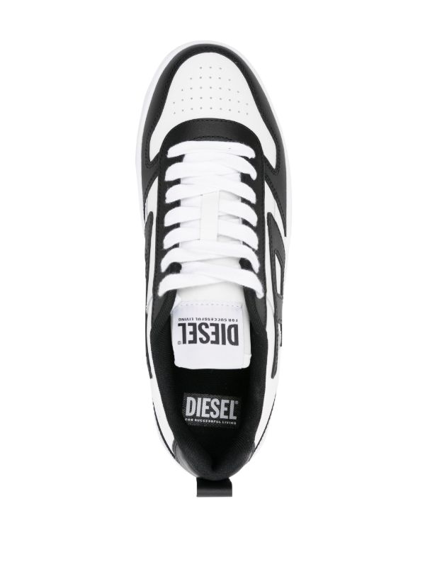 Diesel S-Ukiyo V2 Low sneakers in a white and black colorway featuring the iconic "D" logo patch.
