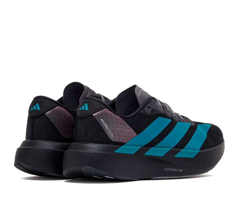 adidas Men's Adizero EVO SL running shoes, featuring a black mesh upper with contrasting teal three-stripes