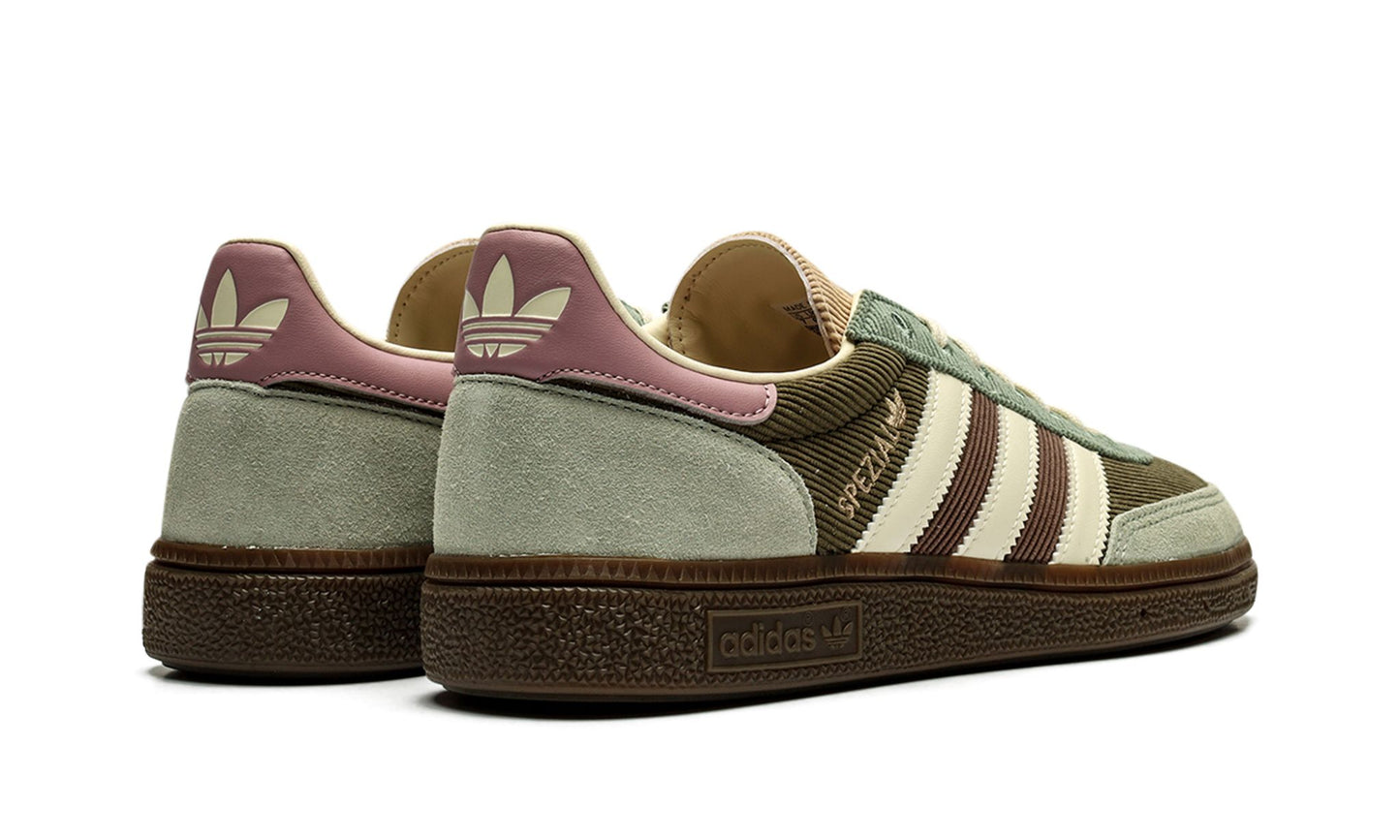 Adidas Handball Spezial sneakers in the "Silver Green/Magic Mauve" colorway, featuring a unique olive corduroy upper.