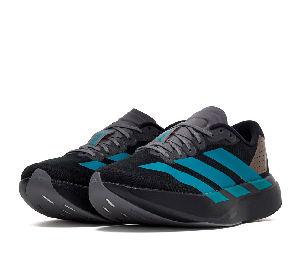 adidas Men's Adizero EVO SL running shoes, featuring a black mesh upper with contrasting teal three-stripes