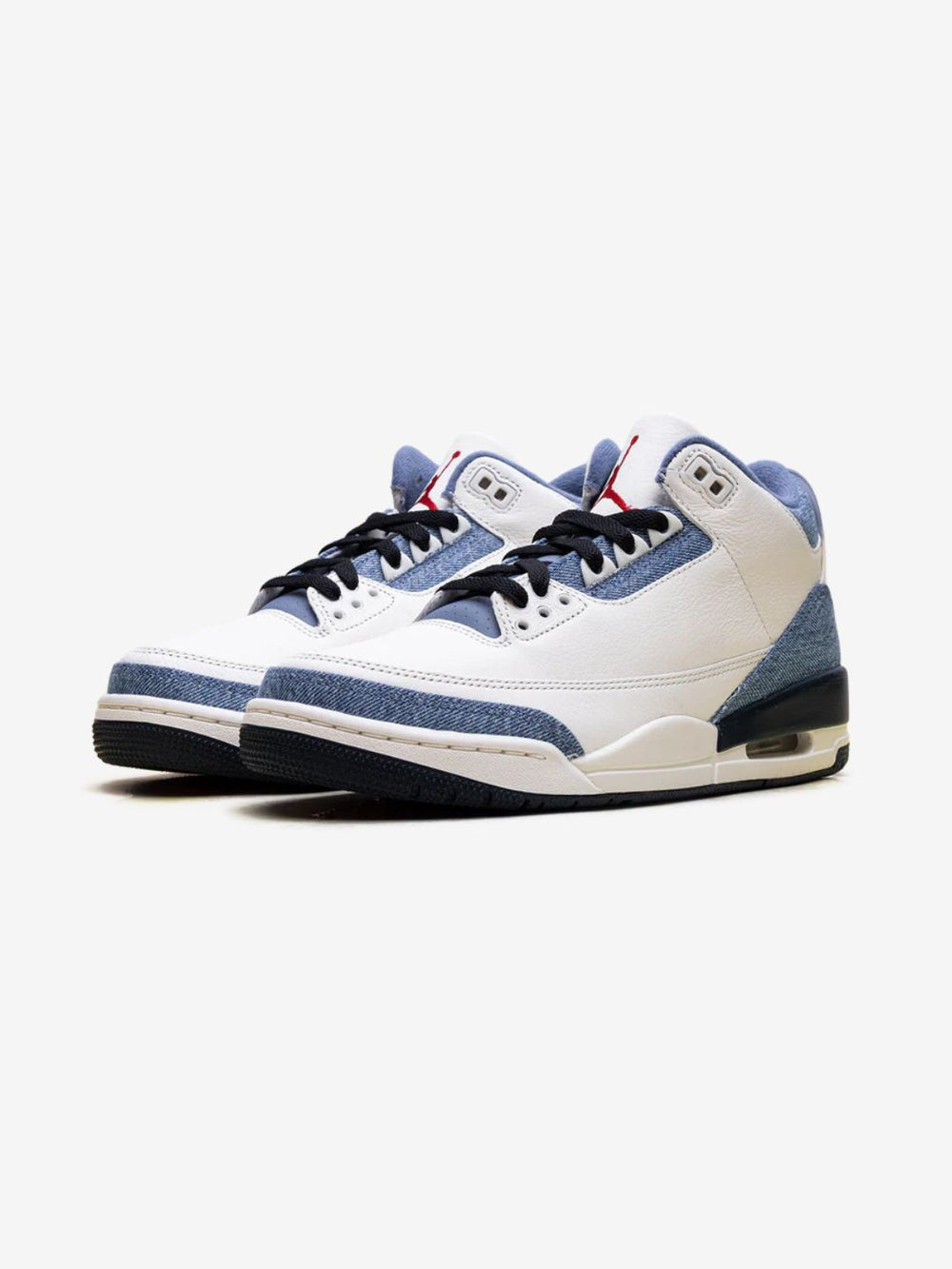 Levi's x Air Jordan 3 Retro "All-Star" pairs crisp sail tumbled leather uppers with washed blue denim overlays and bright gym red Jumpman accents.