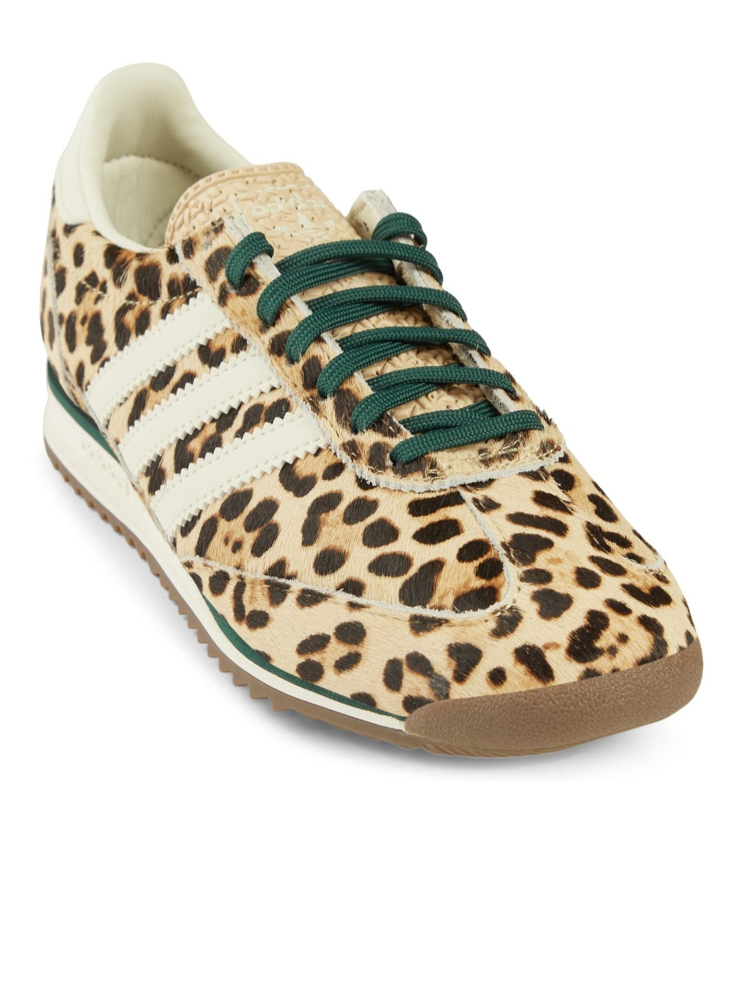 Adidas Originals SL 72 OG 'Leopard' sneakers feature a bold pony-hair leopard print upper complemented by ivory white stripes and dark green laces.