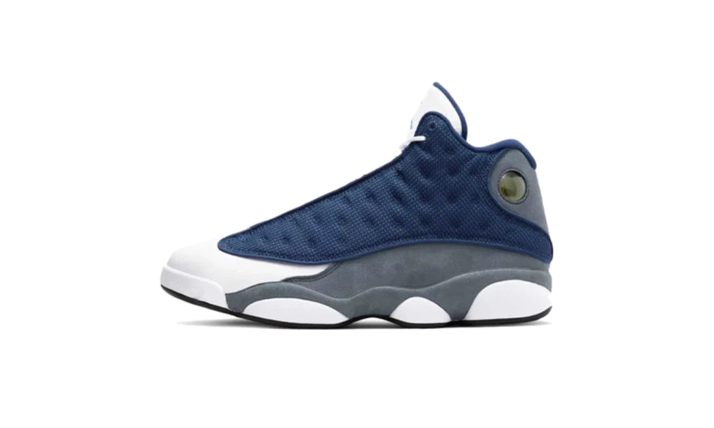 Nike Air Jordan 13 Retro "Flint" sneakers, featuring a prominent French Blue mesh overlay.