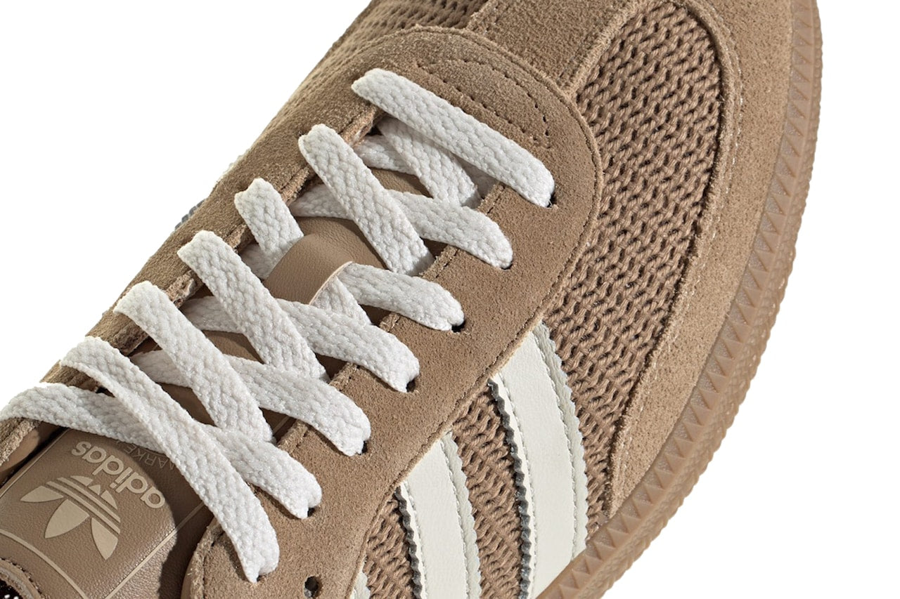 Adidas Samba OG sneakers in the "Cardboard" colorway, featuring a unique brown woven mesh texture on the upper.