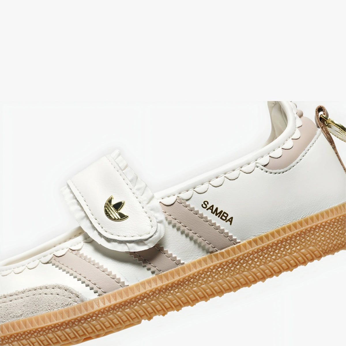 Adidas Women's Mary Jane Samba 'Pink Ruffle Edition' featuring a gold trefoil logo on the hook-and-loop strap.