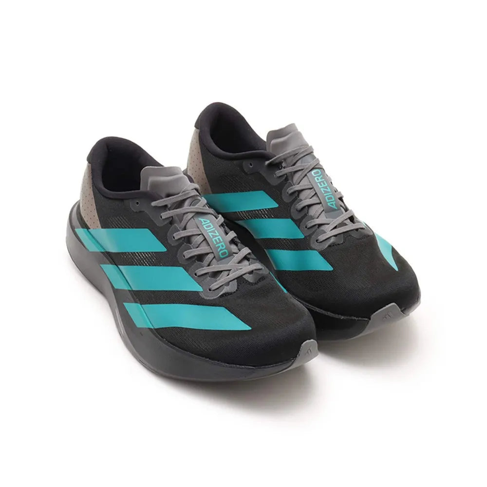 adidas Men's Adizero EVO SL running shoes, featuring a black mesh upper with contrasting teal three-stripes