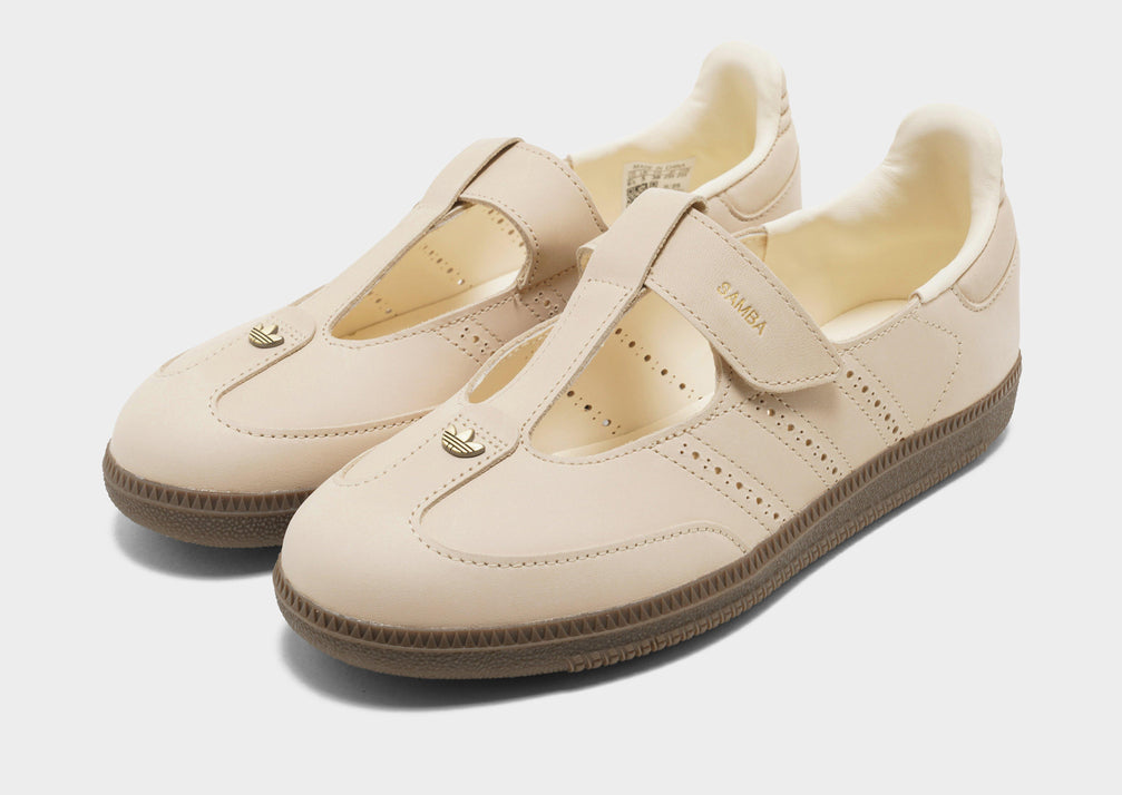 adidas Originals Women's Samba Jane sneakers in a beige or cream colorway, featuring a unique Mary Jane style strap.