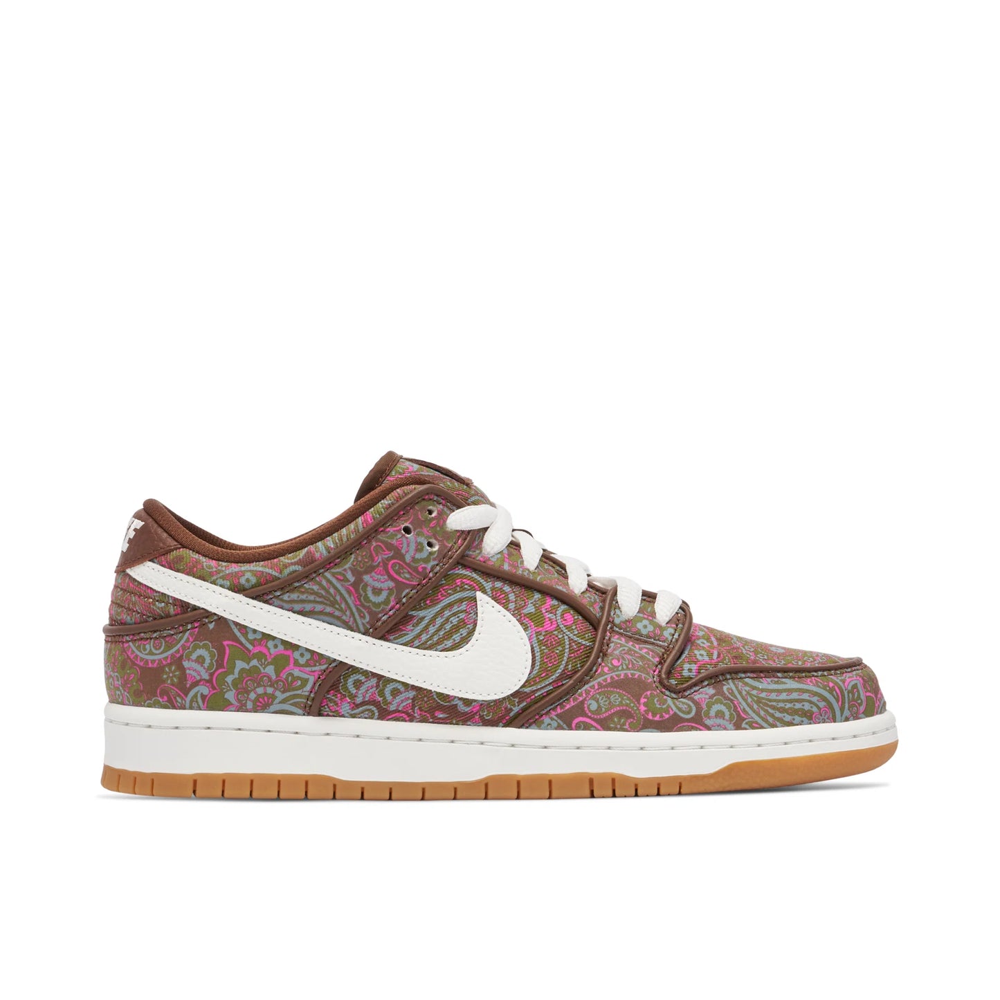 Nike SB Dunk Low "Paisley Brown" sneakers, featuring a unique patterned canvas upper.
