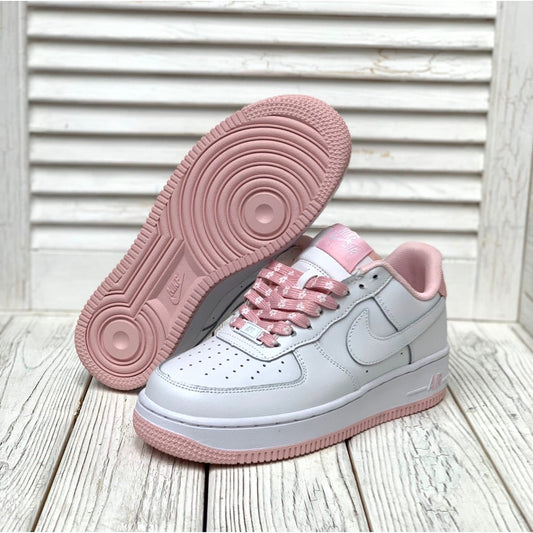 Nike Women's Air Force 1 '07 Vintage sneakers in a Pink Foam and White colorway, featuring special patterned laces.