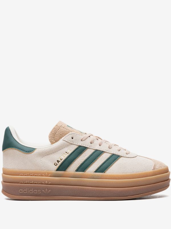 Adidas Originals Gazelle Bold shoes in the "Cream White / Collegiate Green / Magic Beige" colorway, featuring a stacked three-layer gum platform sole.