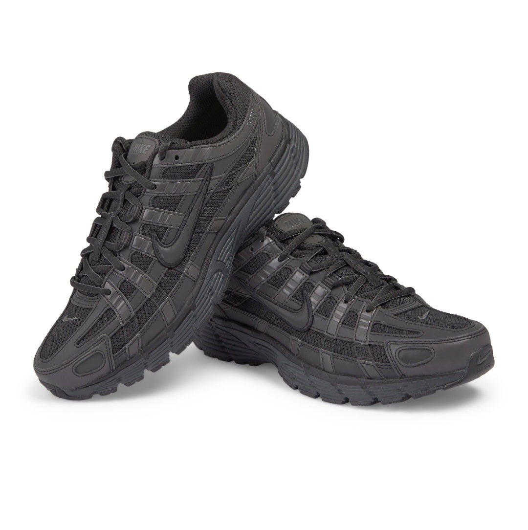 Nike P-6000 sneakers in a triple-black colorway, featuring a mix of breathable mesh and synthetic leather overlays.Design Inspiration: