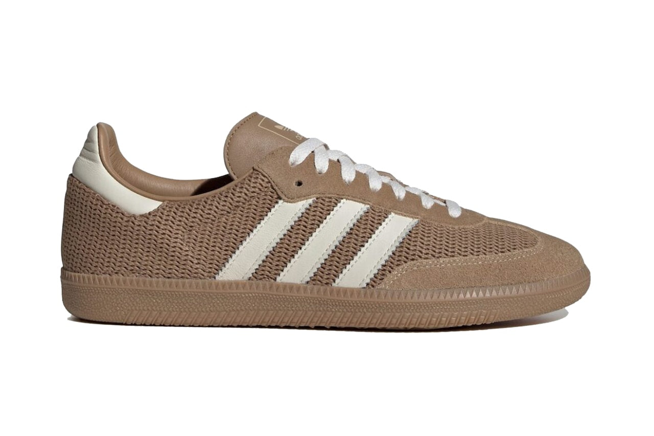 Adidas Samba OG sneakers in the "Cardboard" colorway, featuring a unique brown woven mesh texture on the upper.