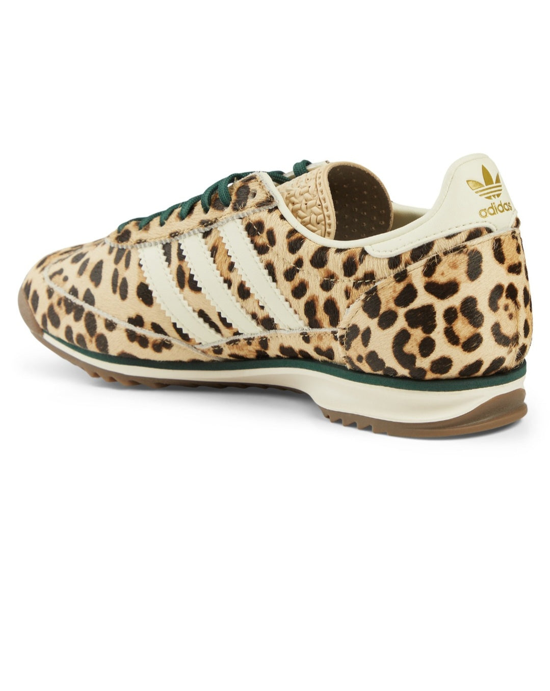 Adidas Originals SL 72 OG 'Leopard' sneakers feature a bold pony-hair leopard print upper complemented by ivory white stripes and dark green laces.