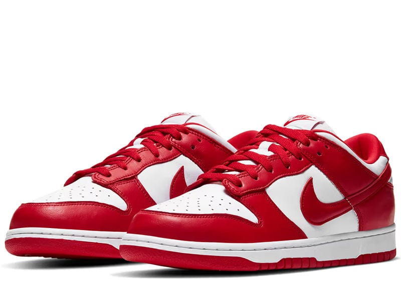 Nike Dunk Low SP "St. John's" sneakers featuring a bold white and university red leather upper.