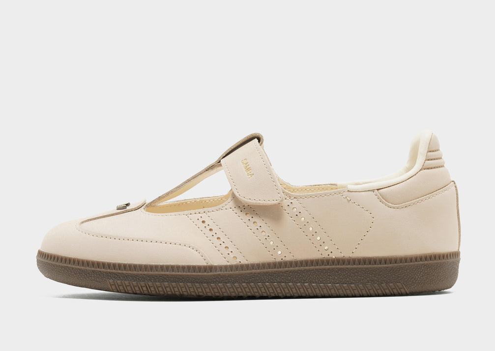 adidas Originals Women's Samba Jane sneakers in a beige or cream colorway, featuring a unique Mary Jane style strap.