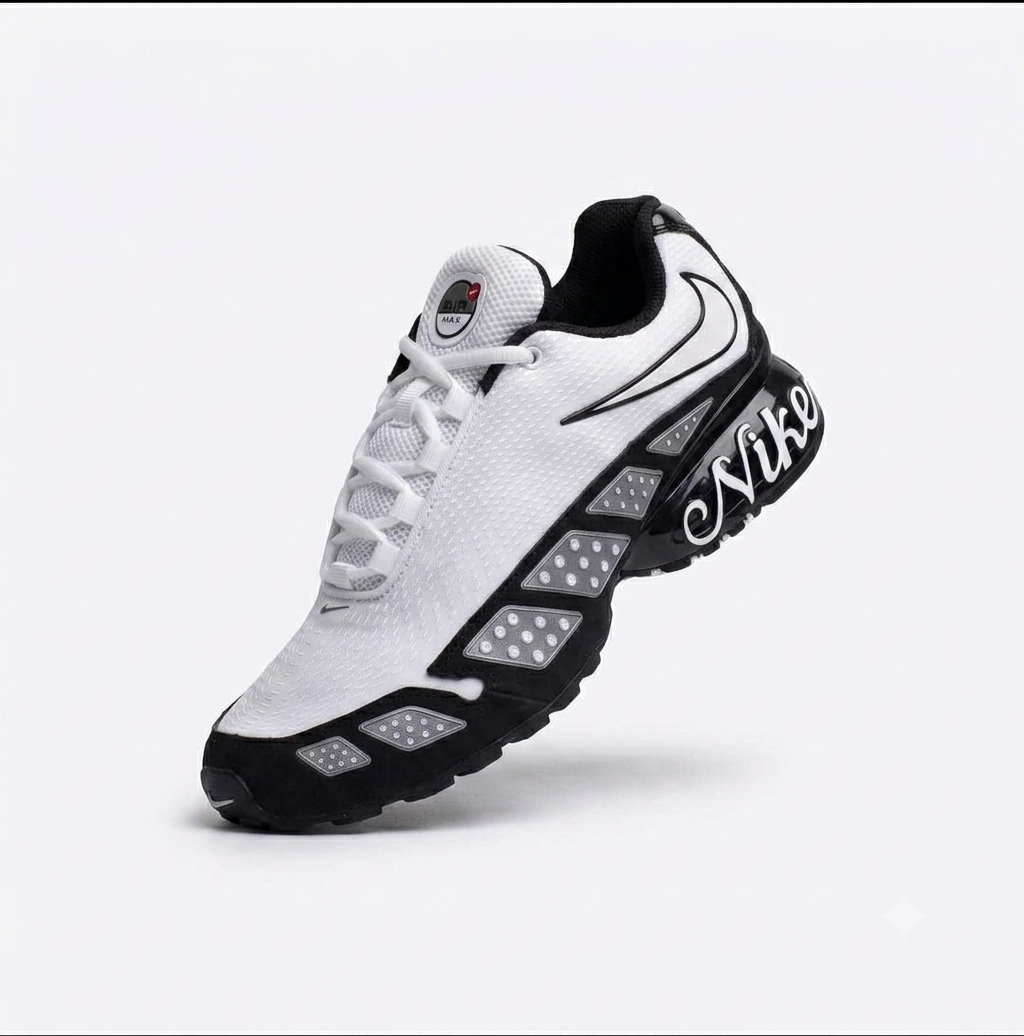 Nike Air Max Sunder sneakers featuring a white upper with black accents and a cursive "Nike" logo on the side