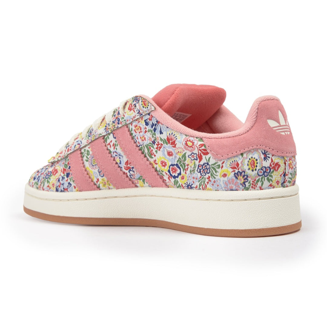 Adidas x Liberty London Campus 00s shoes featuring a vibrant pink floral upper.