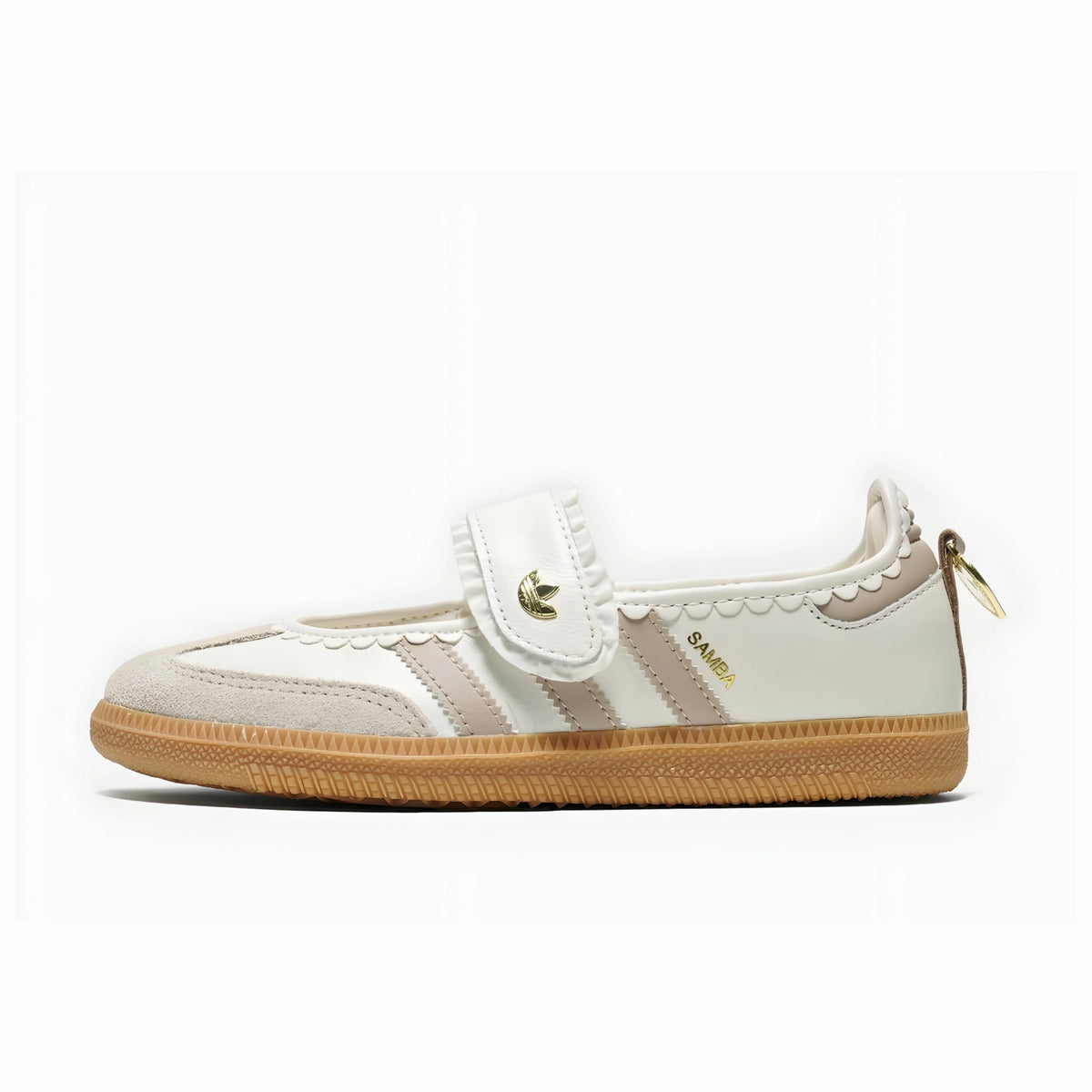 Adidas Women's Mary Jane Samba 'Pink Ruffle Edition' featuring a gold trefoil logo on the hook-and-loop strap.